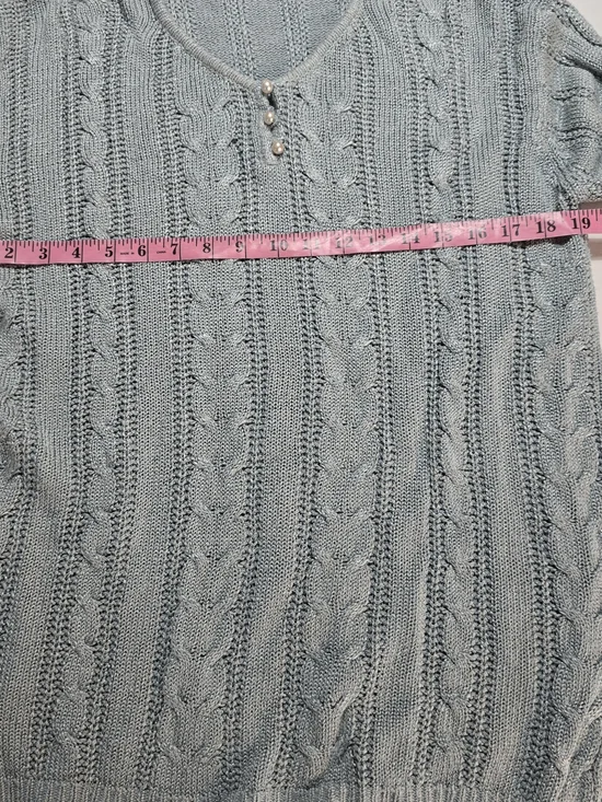 Worthington Sage Green V-Neck Cable Knit Sweater with Button Detail. 60% Silk - Picture 9 of 11